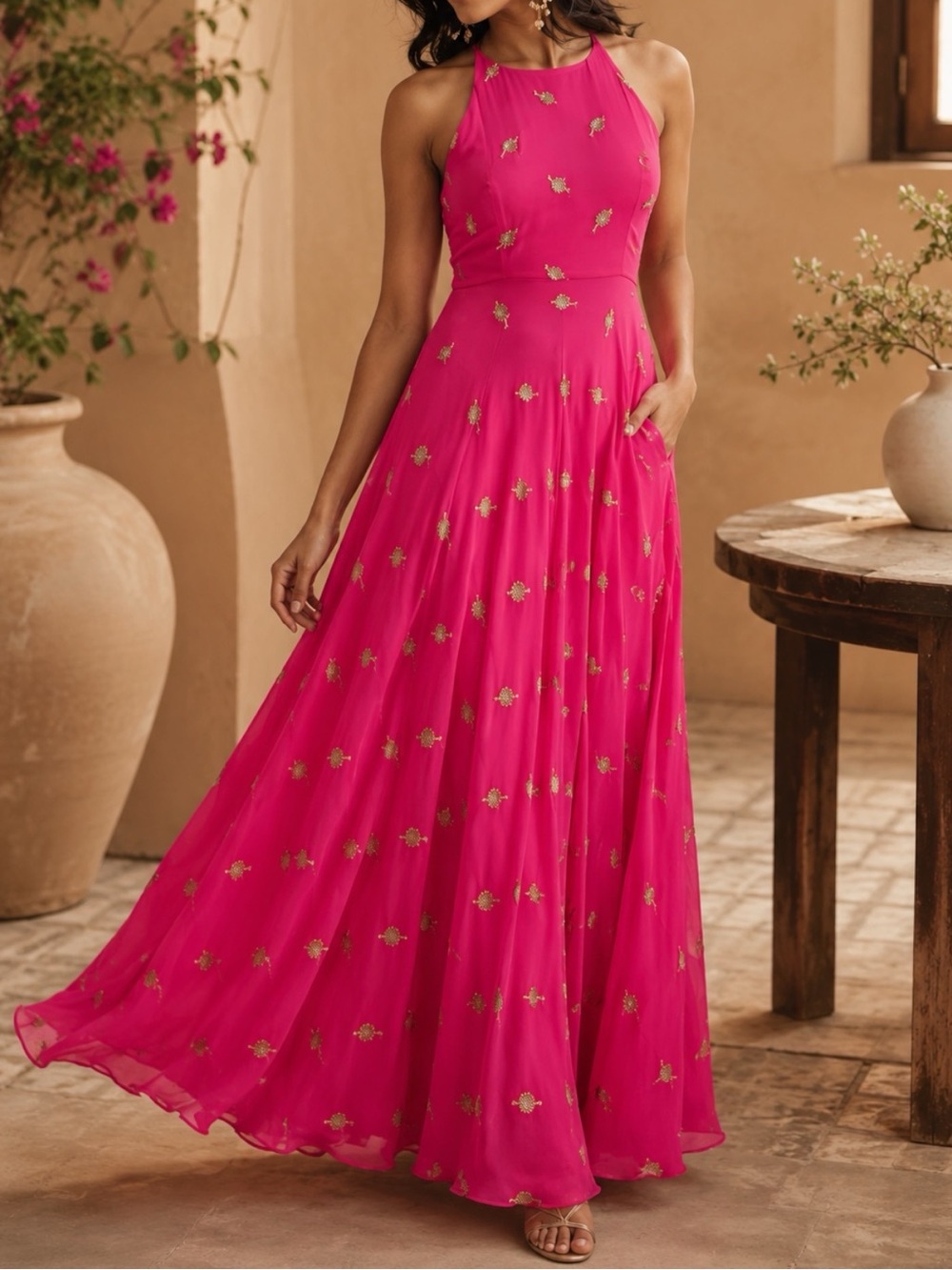 SANI Nila Anarkali Pink Gold Embroidered Maxi Dress XS